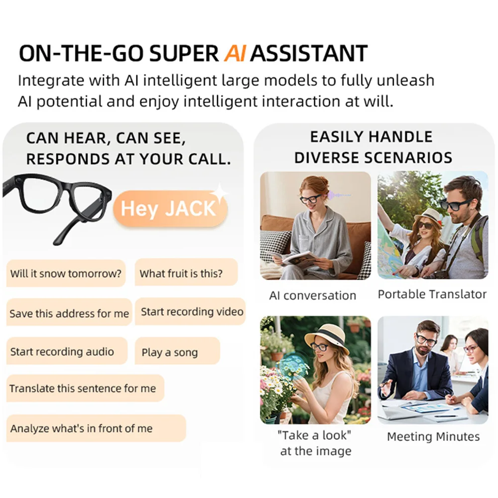 Domars AI Smart Glasses 13MP HD Camera Video Recording Voice Calls Real-time Translation with Charging Case and Dual Lenses