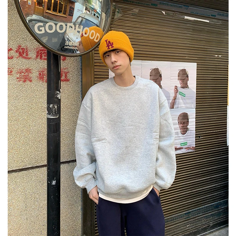 

Heavyweight round Neck Sweatshirt Men's Spring Autumn Pure Cotton Inner Shirt American Retro Jacket Loose Fit Casual Long Sleeve