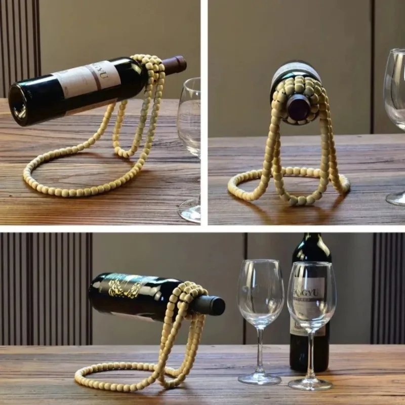 Creative Retro Wooden Bead Wine Rack Hanging Wine Bottle Rack Living Room Wine Cabinet Decor Dining Table Ornaments Home Decor