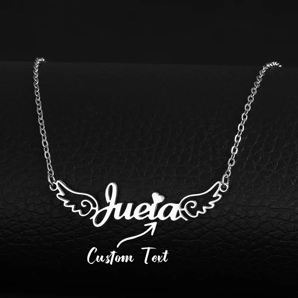 Personalisierte Engelsflügel-Herz-Namenskette für Frauen, Edelstahl, wasserdicht, eleganter Modeschmuck, Namensschild, Geburtstagsgeschenk