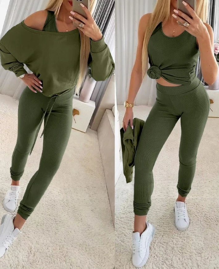 Sexy Elegant 3Pcs/set Ribbed Tank Top & Skinny Pants with Skew Neck Drawstring Hem Top New Fashion 2024 Autumn Winter Casual