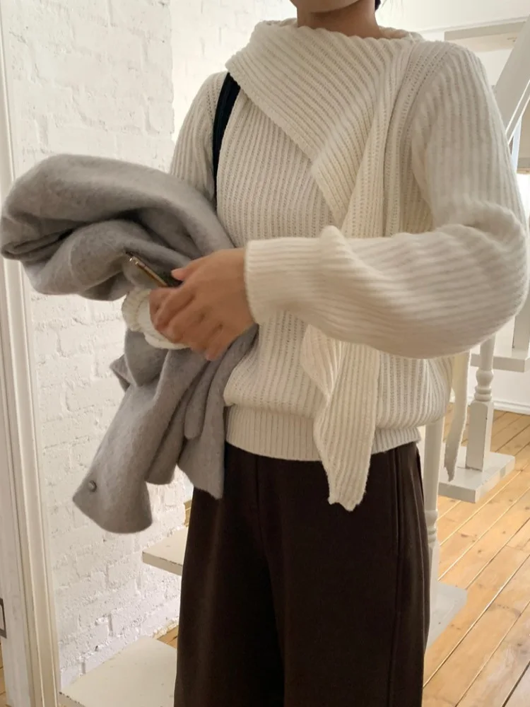 

Chic Autumn Winter New Design Sa awl Scarf Splicing Knitted Sweater Women Slimming Slim Fit Sweater Faionable Trendy