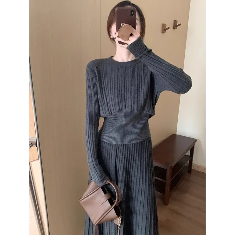 

Two-piece Set Retro Pleated Long Skirt Women High Waist Winter Skirts Girl Y2K A-line Faldas Knitting Crew Neck Tshirts Pullover