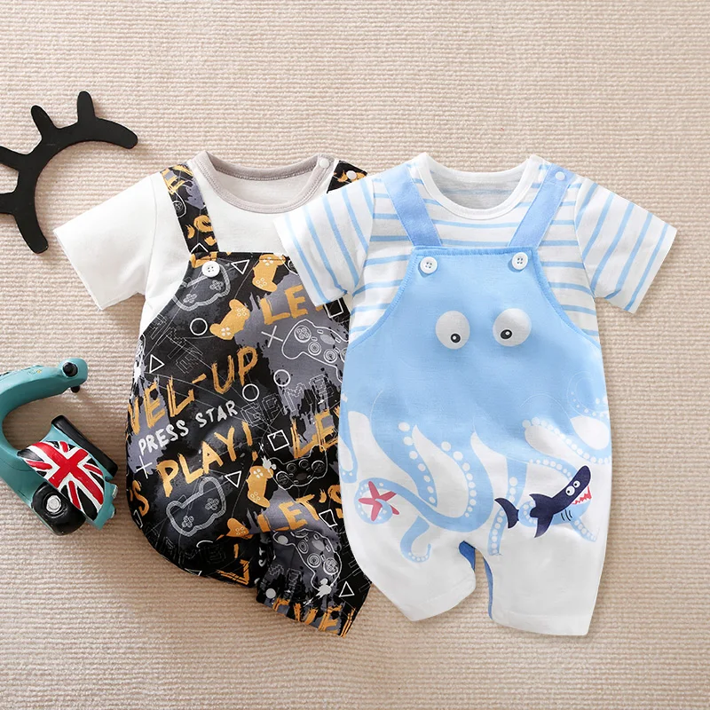 

2-piece Boys 'Cute Octopus Short-sleeved Jumpsuit-Comfortable polyester blend, machine washable-perfect choice for summer, first