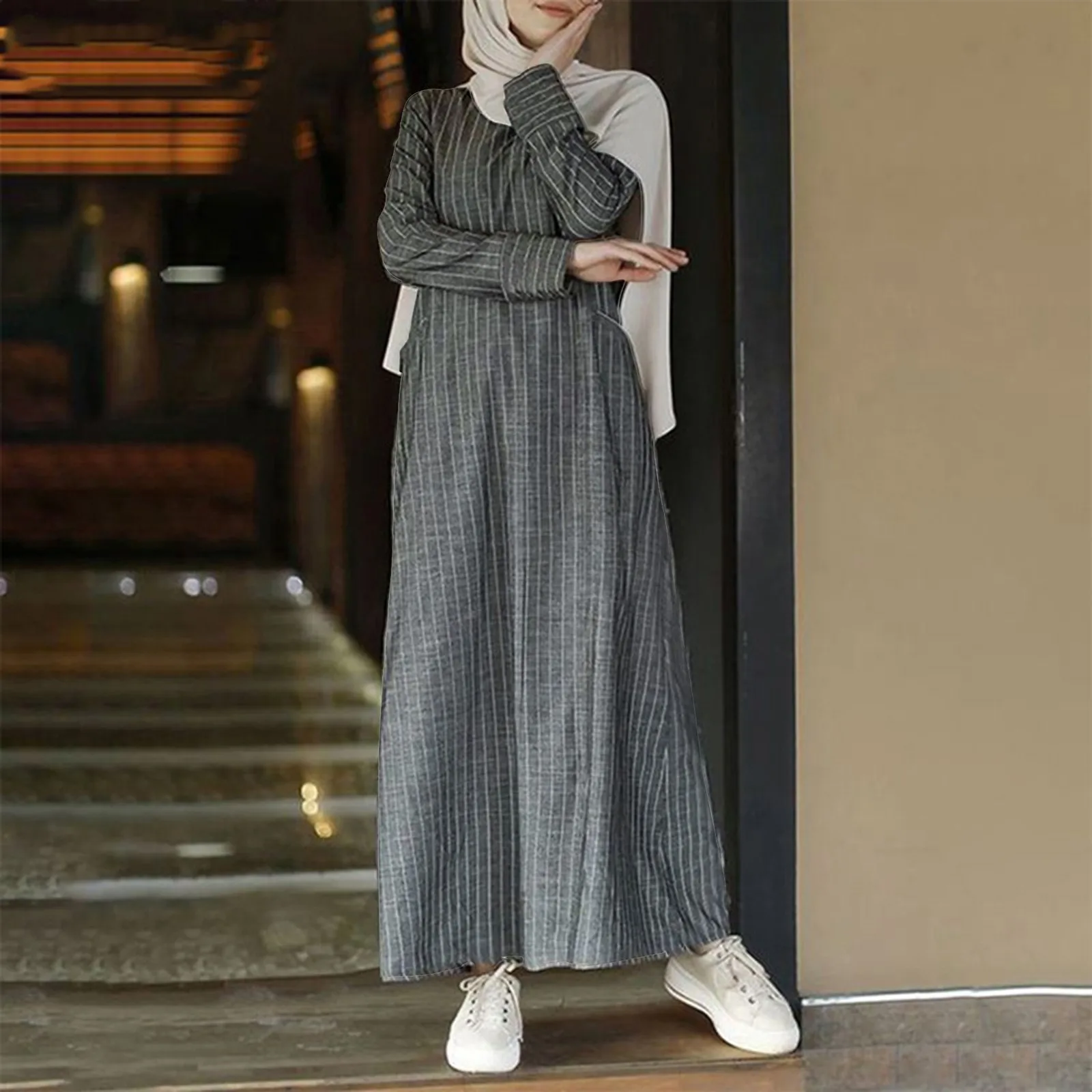 Female Muslim Long-sleeved Robe Cotton and Linen Striped Round Tie Pocket Casual Loose Streetwear Long Robe Oversize Clothes