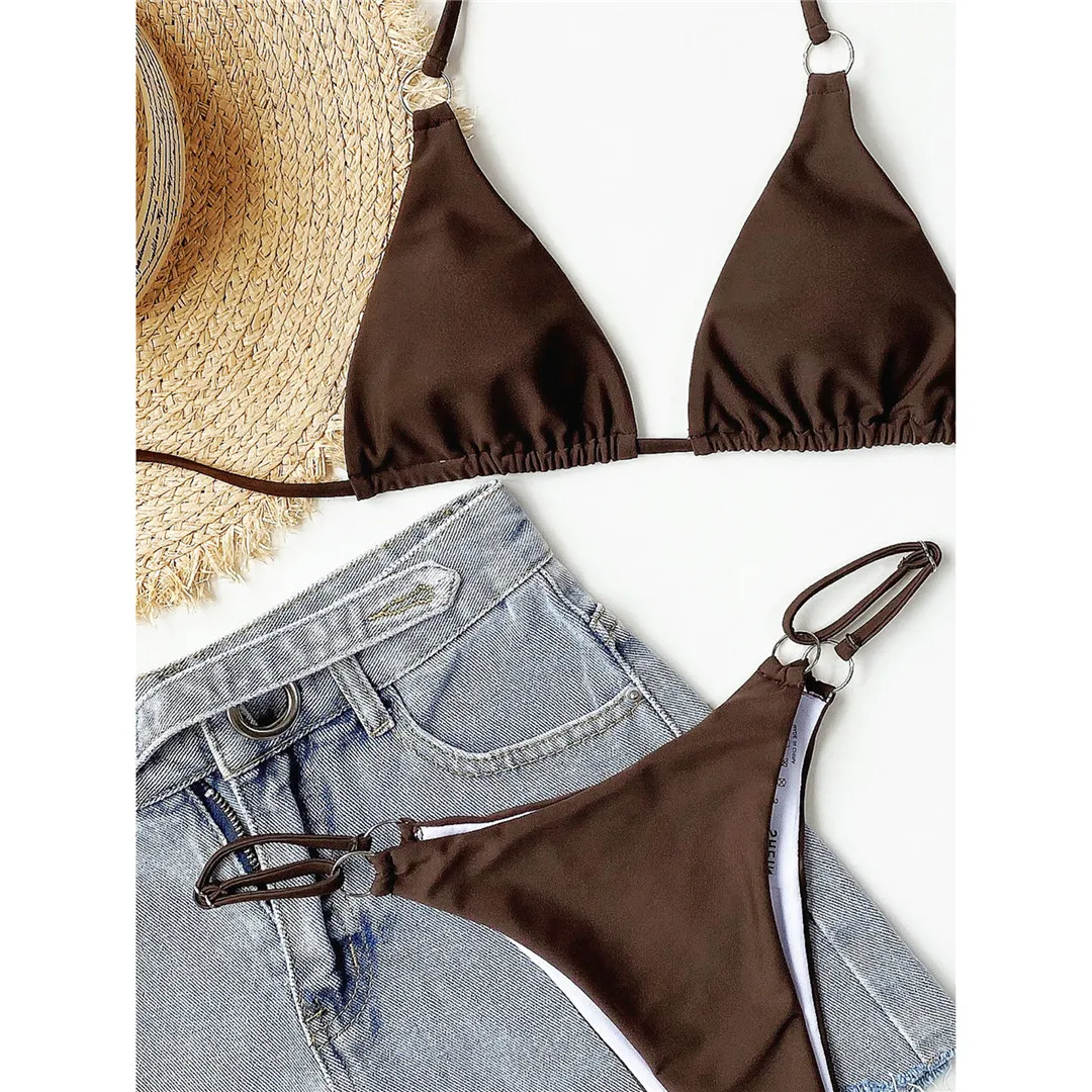 Sexy Neckholder-Bikini mit hohem Beinausschnitt und Metallring, Damen-Badeanzug, zweiteiliges Bikini-Set, Badebekleidung, Badeanzug, Modell V3142 – Detail 16