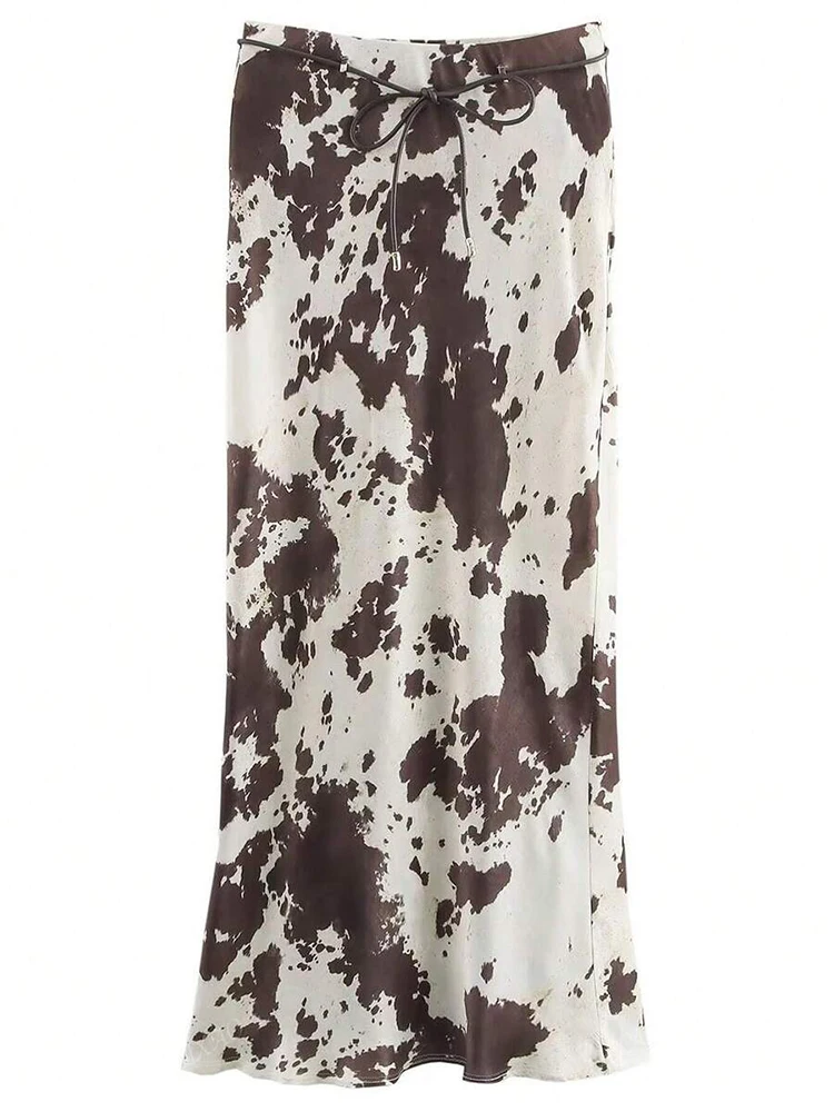 Falda personalizada de media longitud con cordón y estampado de vaca, con un sentido completo de drapeado, versátil para ocasiones informales diarias