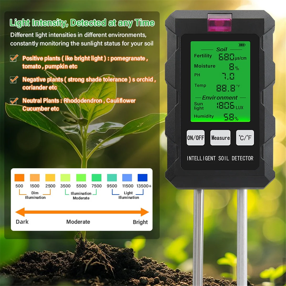 ABKO-6 in 1 Multifunctional Soil Tester Soil Fertility PH Temperature Humidity Sunlight Air Moisture Detector for Gardening