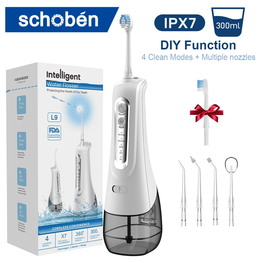 Schoben Oral Irrigator USB Rechargeable Water Flosser Portable Dental Water Jet 300ML Water Tank Waterproof IPX7 Teeth Cleaner