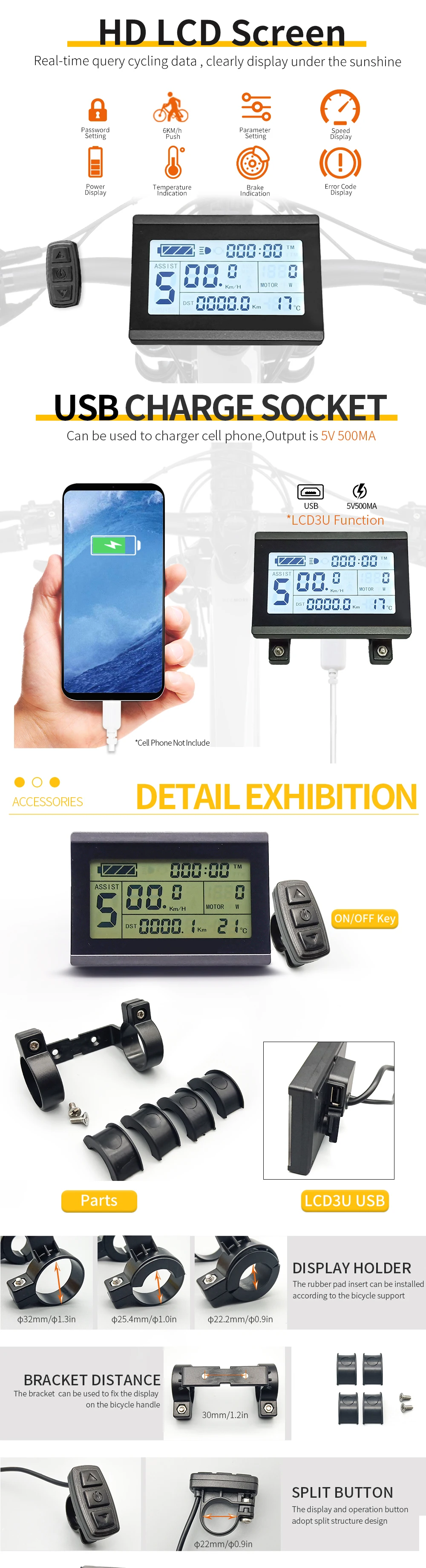 Ebike KT LCD3/LCD3U Display 36V/48V 72V LCD3 KT-LCD LED SM
