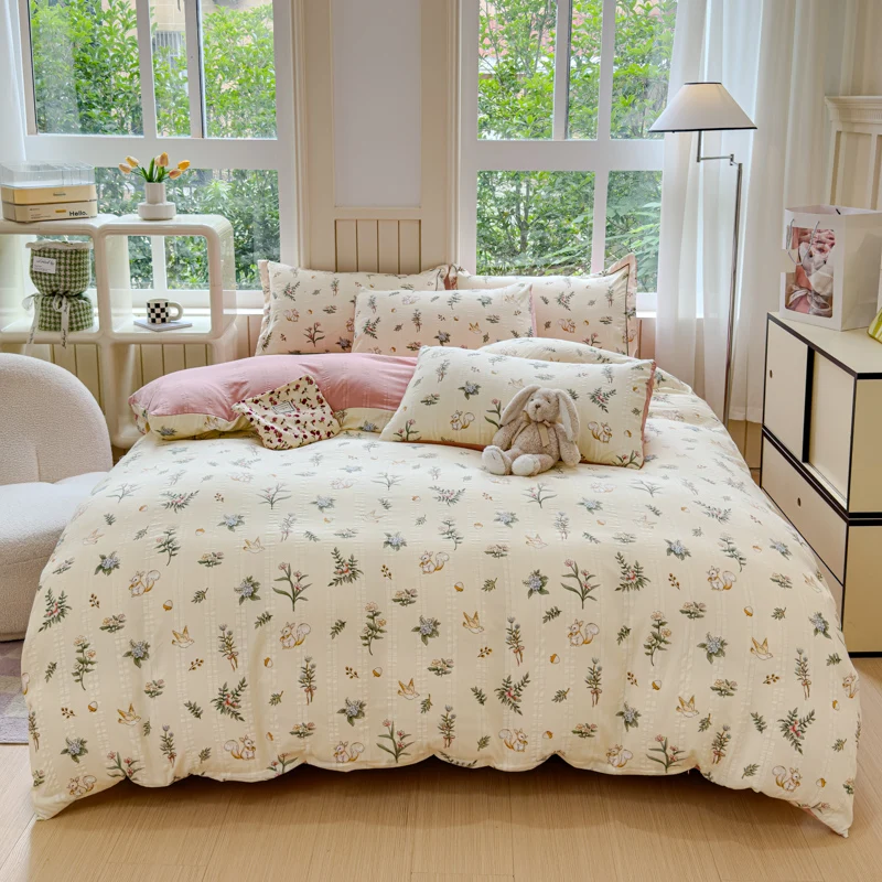 Botanical Floral Duvet Cover Cute Animal Squirrel Bird Print Comforter Cover 4Pcs Reversible Farmhouse Bedding Set for Teen Girl