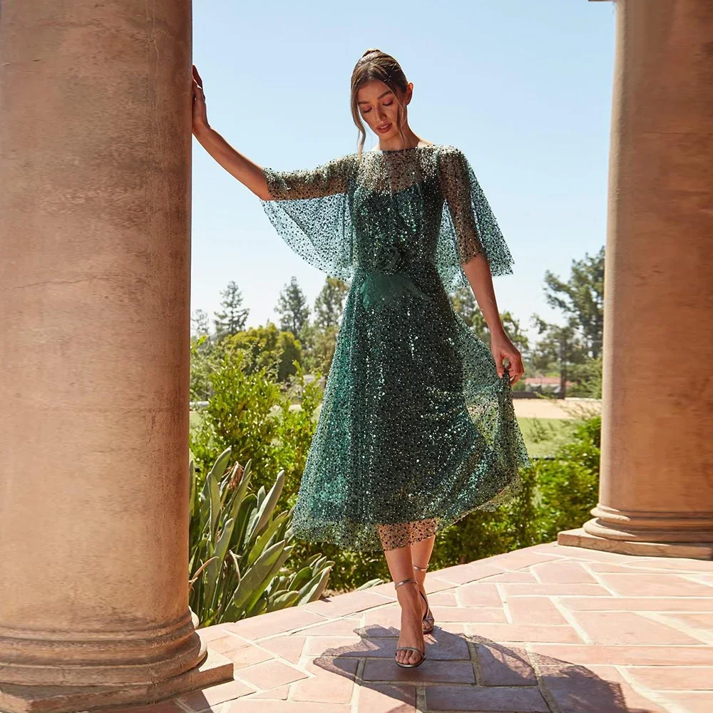 

Платье YALIN с блестками для выпускного вечера, ТРАПЕЦИЕВИДНОЕ ПЛАТЬЕ с вырезом лодочкой и рукавом до локтя, праздничные платья длиной ниже колена, изысканное Тюлевое платье для встречи выпускников с бусинами