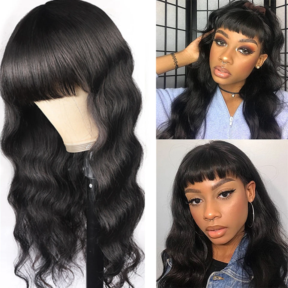 Perruque brésilienne Bob Body Wave avec frange pour femmes noires, perruques de cheveux humains, devant en dentelle, entièrement fabriquée à la machine, 100%