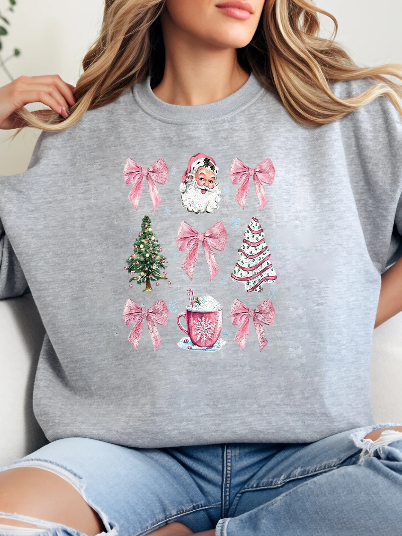 

Рождественская елка Санта-Клауса, горячий шоколадный бант, толстовка с принтом, праздничная женская повседневная одежда, серый, больших размеров