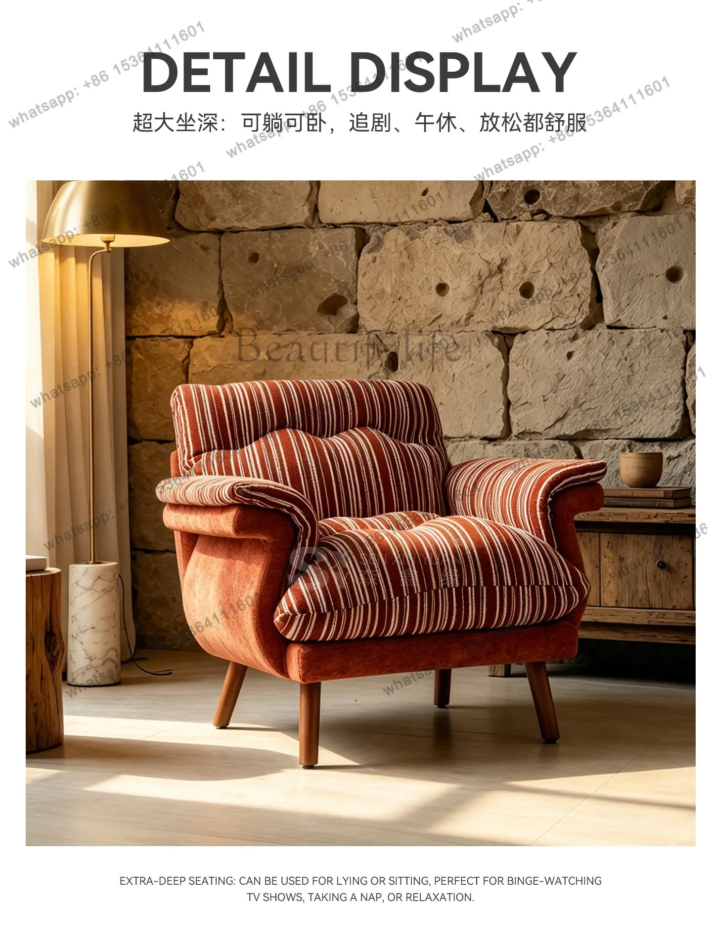 Medieval Striped Single Sofa Chair French Living Room Balcony Bedroom Leisure