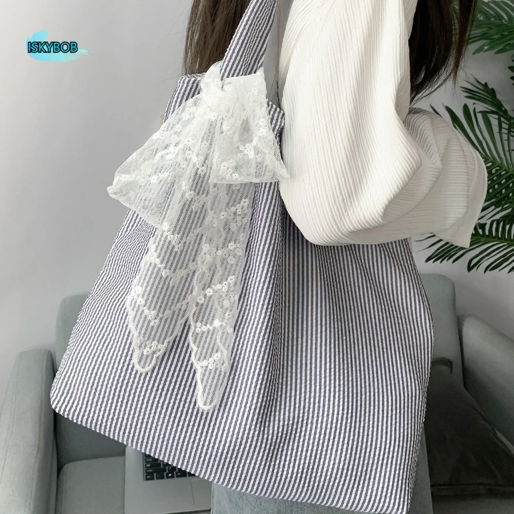 

Canvas Striped Shoulder Bag Literary Style Korean Style Canvas Hobo Bag Fresh Color With Lace Ribbon Large Capacity Underarm Bag