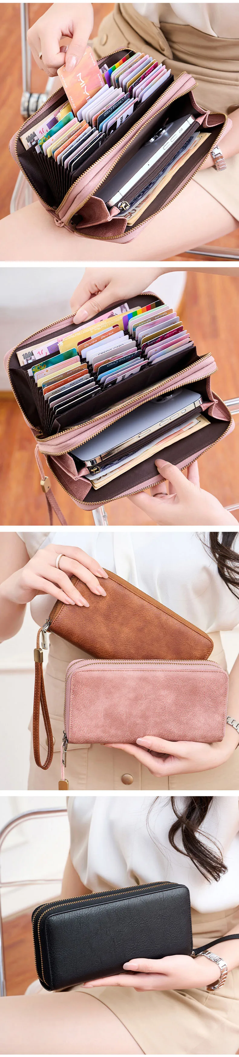 MIYIN Retro RFID-Diebstahlschutz Dreifach-Geldbörse Leopardenmuster Große Kapazität Doppelreißverschluss Handtasche Damen-Clutch mit Handgelenkschlaufe – Detail 7