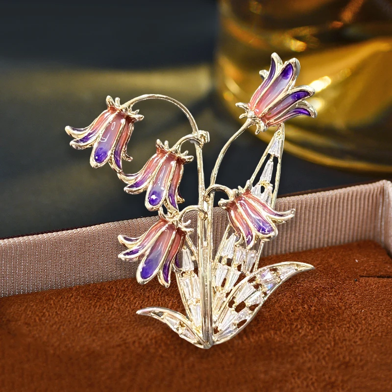 OKILY Luxury Handmade Enamel Lily of the Valley Broochpin with Shiny Zircon Flower Corsage - Women's Suit Ornament Accessory