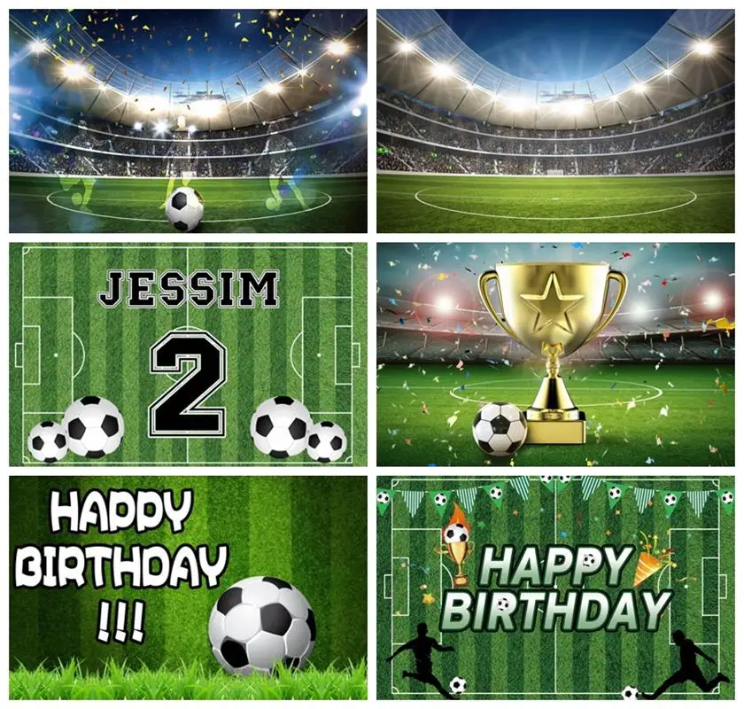 

Laeacco Boy Football Birthday Photo Backgrounds Soccer Field Grassland Stadium Newborn Portrait Customized Photography Backdrop