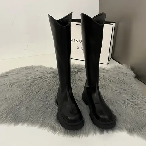 Retro Bare Colored Boots Women Knee High Boots Fashion Back Zippers Knight Long Boots Square Heels Autumn Winter Ladies Shoes