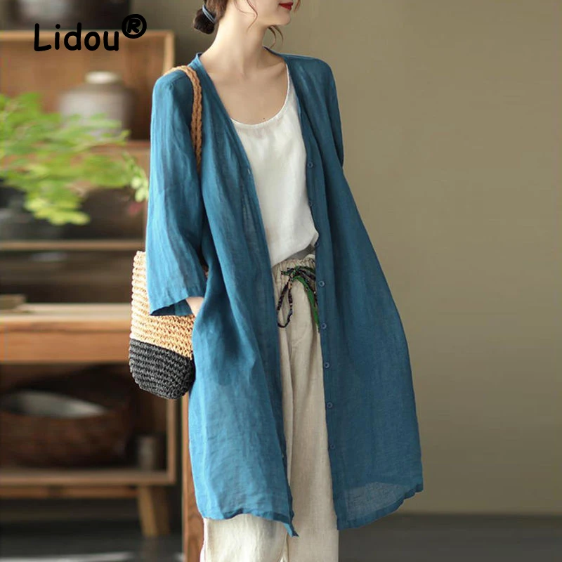 Women Clothing Summer Vintage Boho Sunscreen Shirt Cotton Linen Oversize Mid Length Cardigan Casual Solid Long Sleeve Tunic Tops