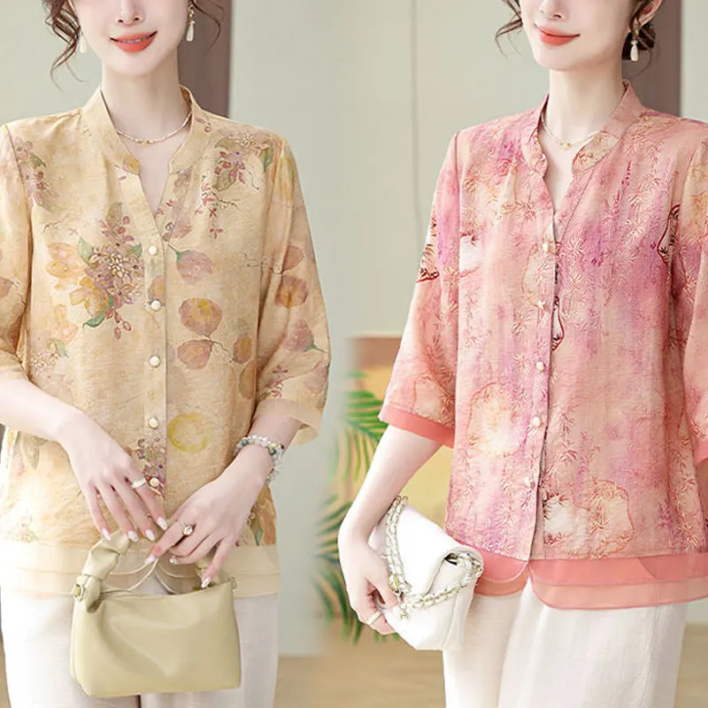 Stylish Patchwork V-Neck Blouse Female Clothing Single-breasted Summer Casual 3/4 Sleeve Basic Loose Vintage Folk Printed Shirt