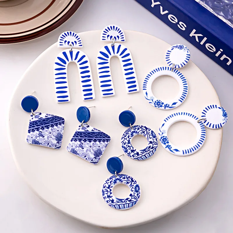 

Blue And White Porcelain Earrings Acrylic Ethnic Style Dangle Drop Chinese Style Earrings