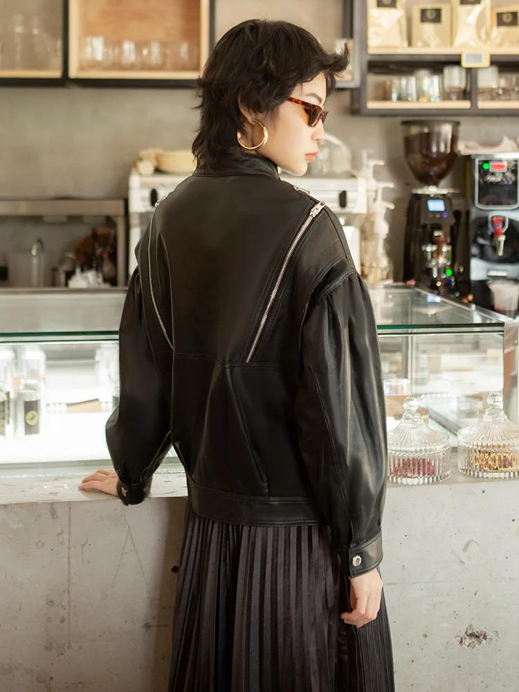 Dames Eapenvacht Leer Jaet Rits Opstaande Kraag Loose Fit Ort Sle Faionable Streetwear Lente 2025