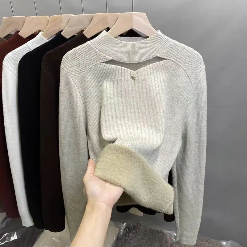 

Autumn Winter Semi High Neck Women Sweater Thick One-piece Solid Cashmere Lining Knitted Base Sweater Warm Women Top