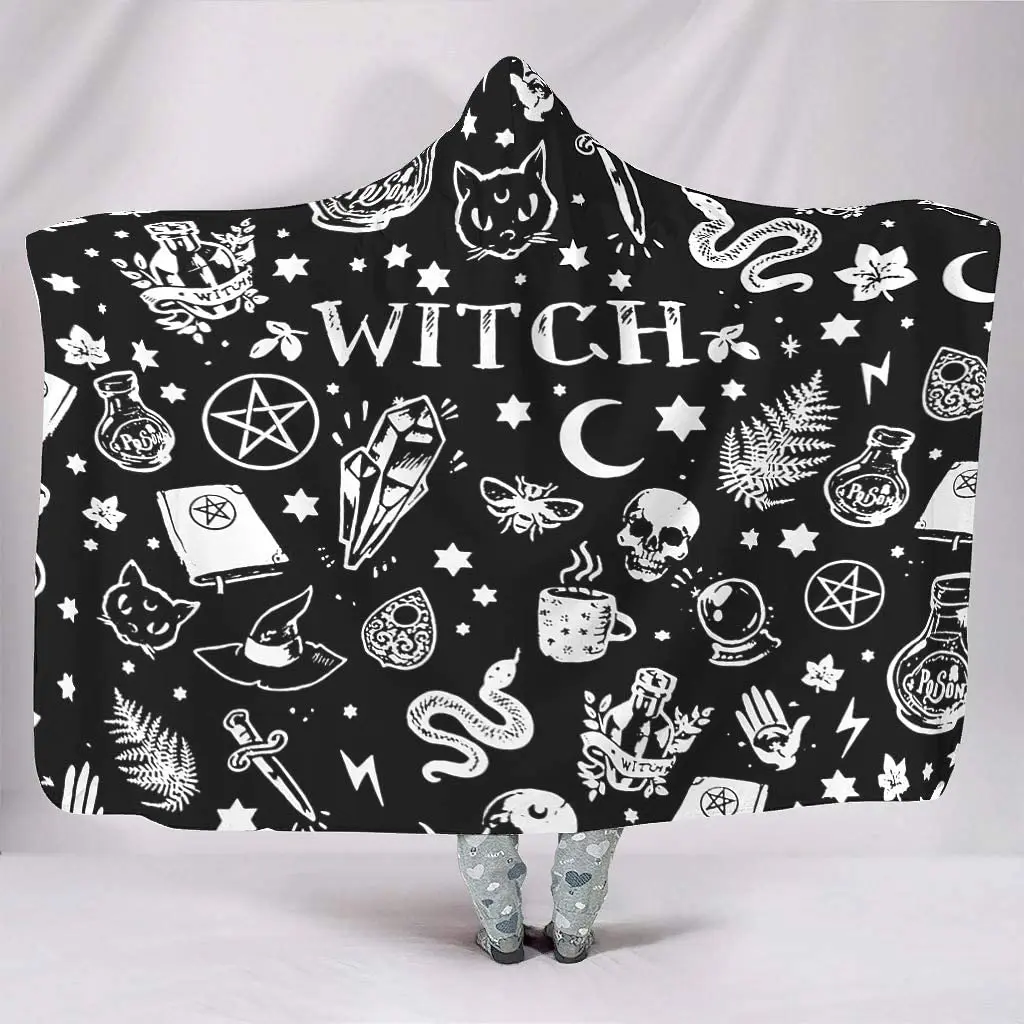 

Black and White Witches Magic Tattoo Cat Snake Skull Moon Stab Magic Symbol Print Hooded Blankets Soft Warm Plush Hoodie Blanket