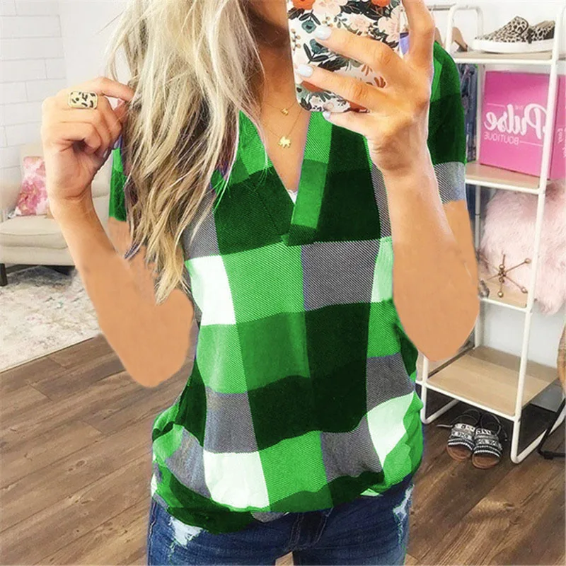 Women Vintage Short Sleeve Shirt V Neck Plaid Shirts Summer Female Casual Blouse Tops Streetwear Korean Style Clearance Sale