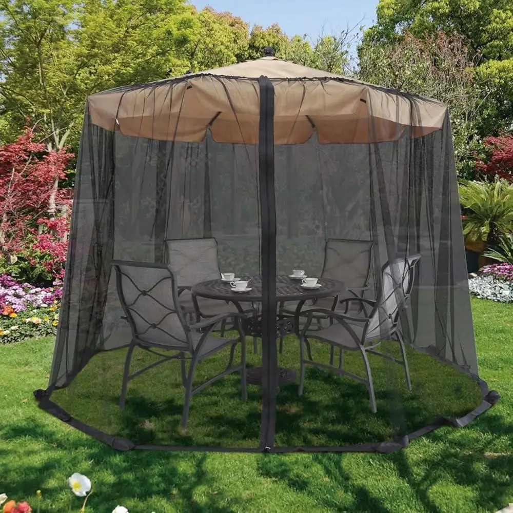 Adjustable Mosquito Net Patio Umbrella Screen with Zipper Door Durable Polyester Ventilated Mesh Easy Installation Weight Bags