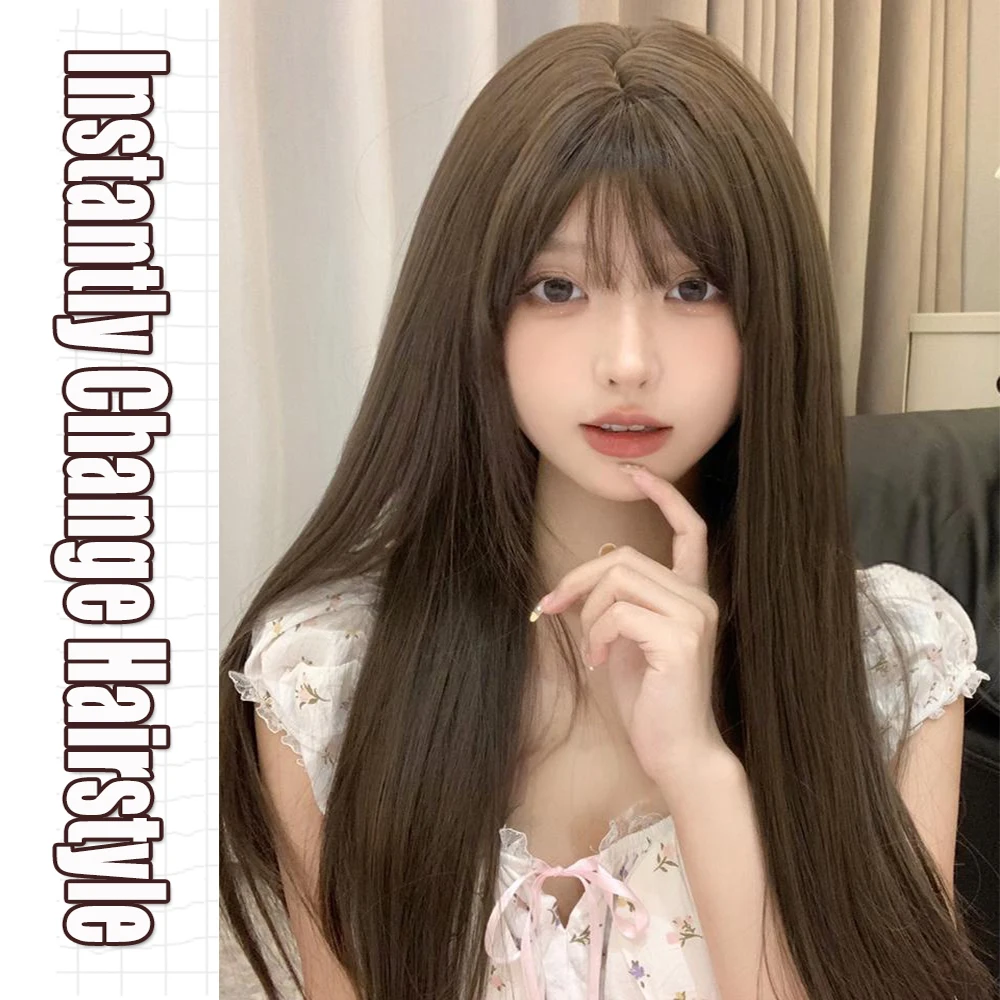 

BUQI Synthetic Wig Long Straight Wig With Bangs Light Brown Cosplay Wigs Heat-resistant Full Head Hair Extensions