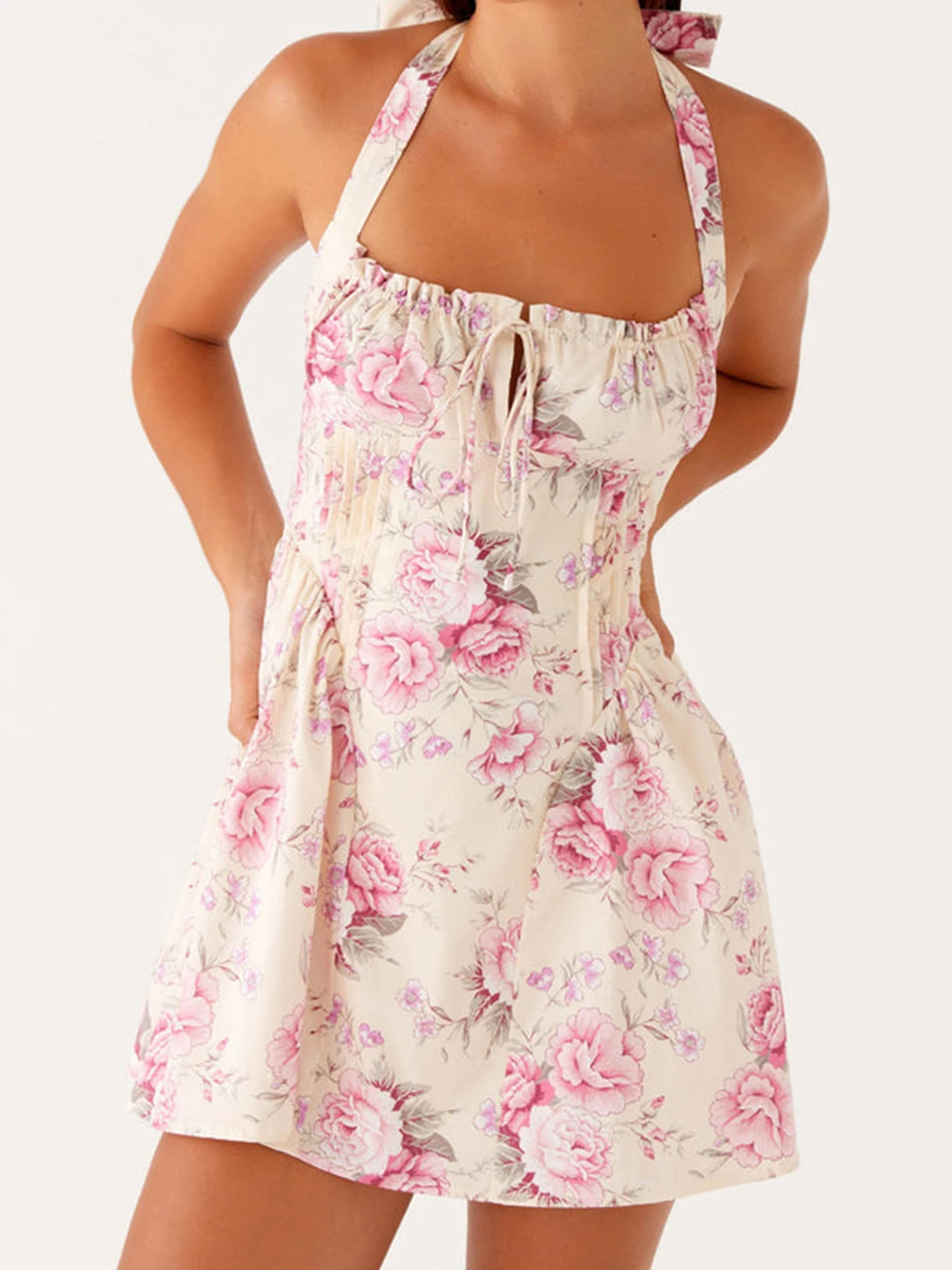 Mini robe Boho à imprimé Floral pour femmes, col licou, sans manches, dos nu, avec cravate sur le devant et Silhouette ajustée
