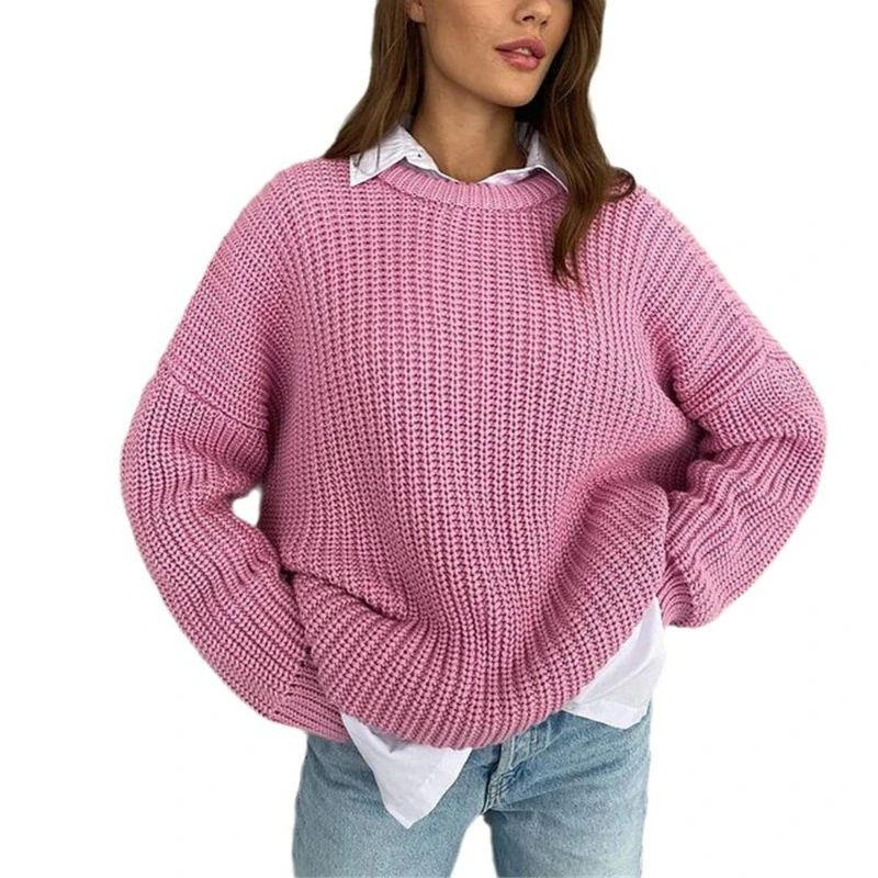 Women Knit Sweaters Full Sleeve Round Neck Loose Pullover Jumpers Loose Casual Solid Sweater Splice Lady Vintage Winter 2024