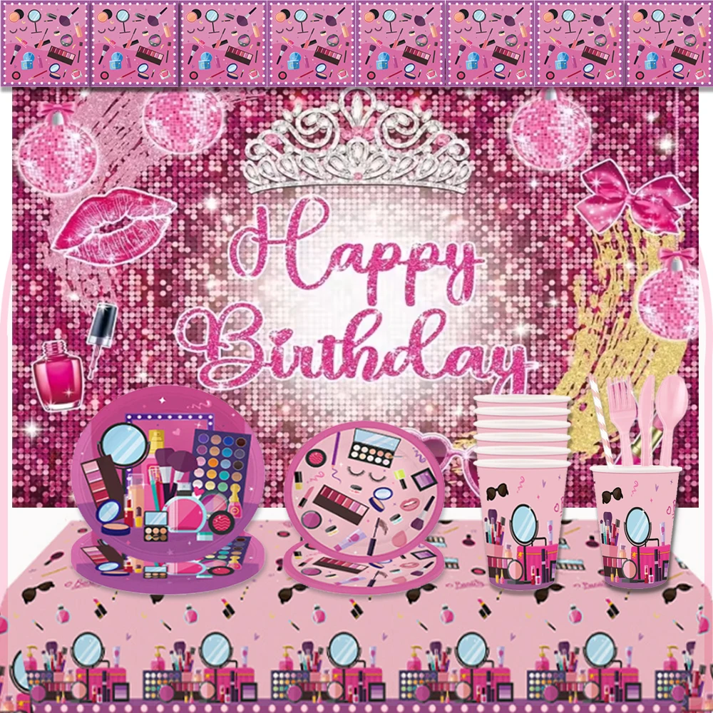 

Girl's Birthday Party Supplies Cosmetics Decorations Background Banners Disposable Cups Plates Knives Forks Spoon Gift Backdrop