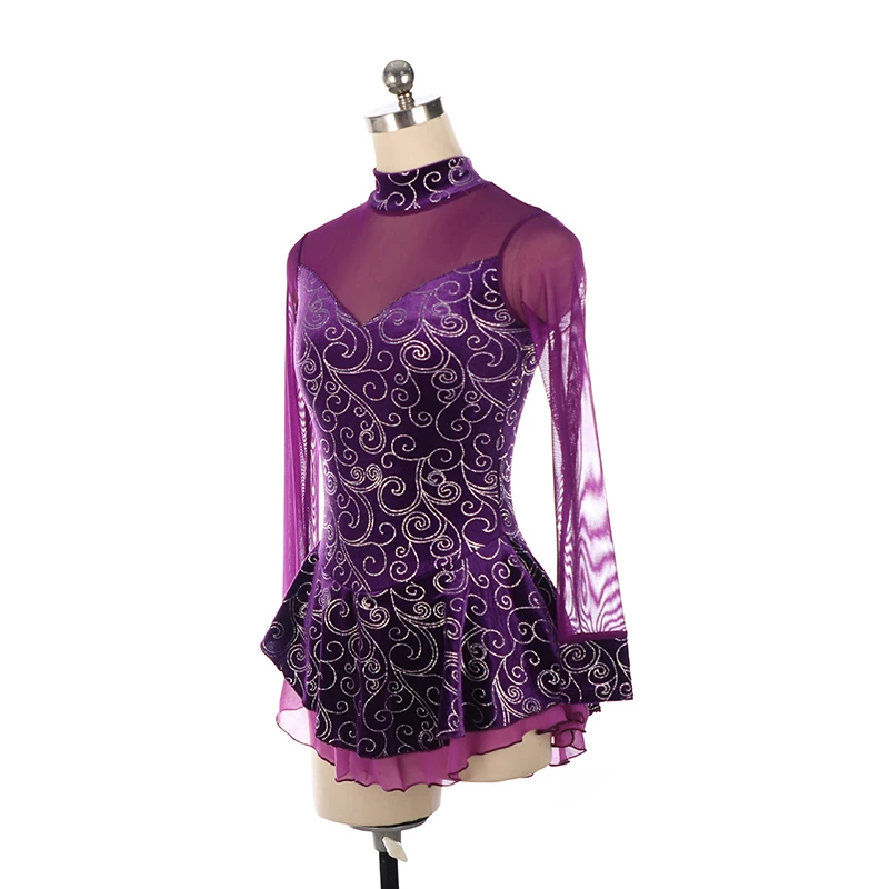 Figure Skating Dress Long Sleeve Purple Show Dress Mesh Skating Suit Kids Custom Skirt Performance Velvet