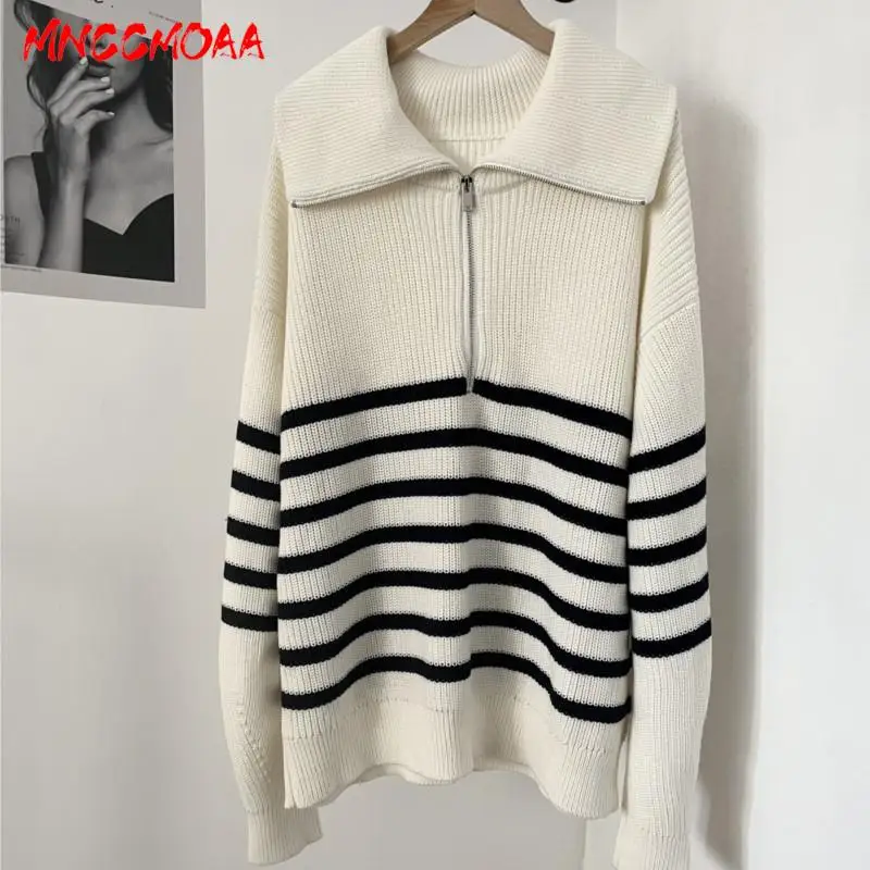 MNCCMOAA High Quality 2024 Autumn Winter Women Fashion Loose Striped Knit Sweater Female Casual Zipper Long Sleeve Top Pullovers