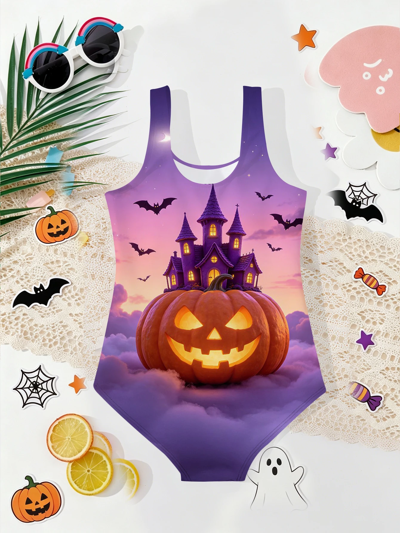 Girls' Summer Halloween Grand Pumpkin Castle Fashionable Tight One-piece Swimsuit 3