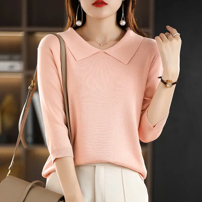 2024 Spring Summer Women Korean Fashion Polo Collar Elegant Knitwears Female Simple Casual Solid 3/4 Sleeve Loose Pullover Tops