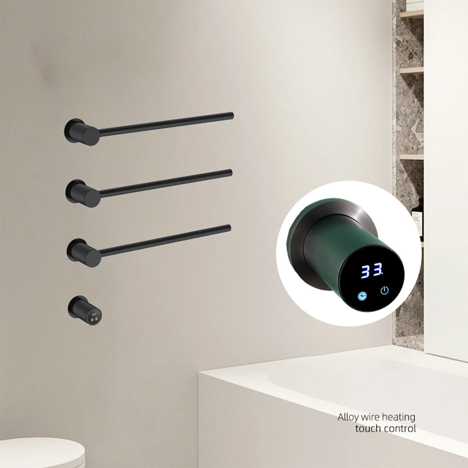 Modern Matte Black Electric Towel Rails with 3 Round Heated Rails 304 Stainless Steel Wall Mounted Hidden Electric Towel Rack view 4