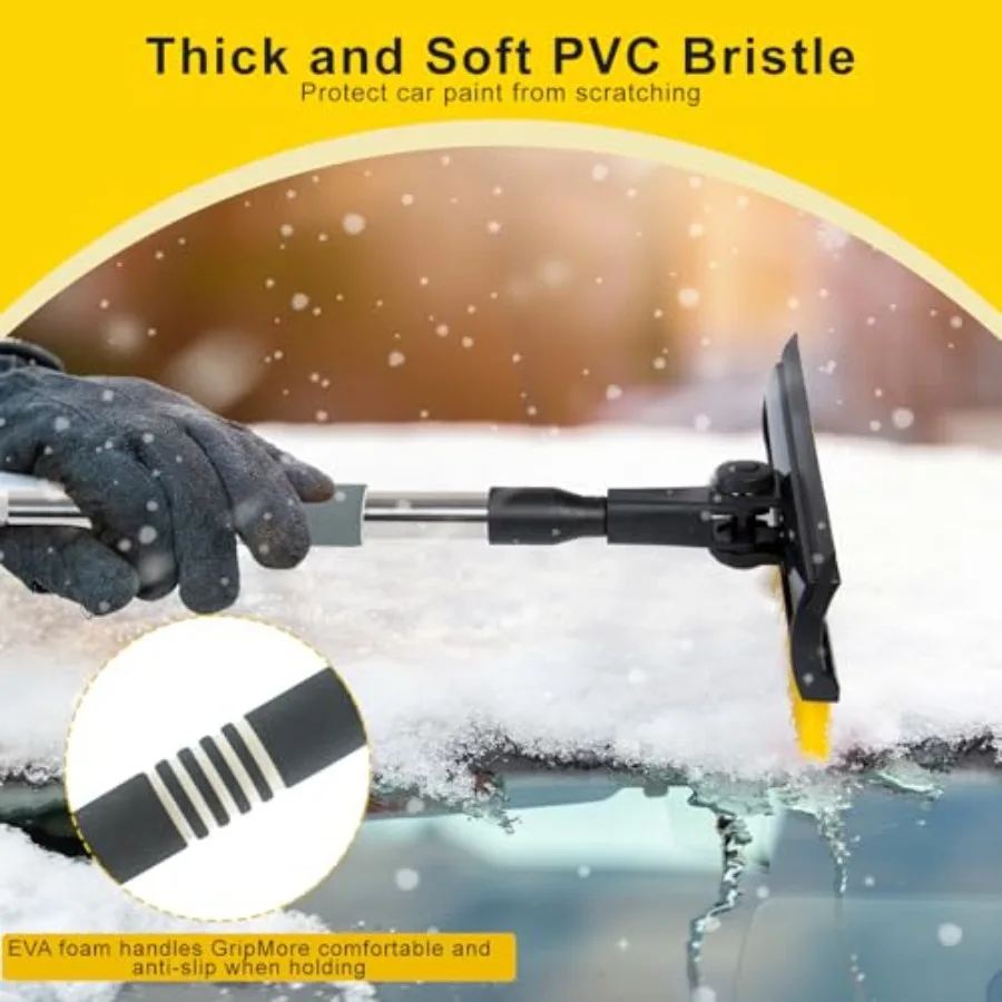 53インチ伸縮式スノーブラシ、車、SUV、トラック用アイススクレーパー、360度回転式取り外し可能なヘッドと10インチの傷防止機能付き