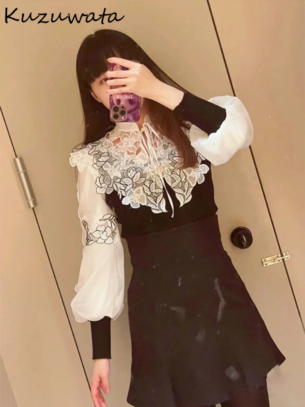 Kuzuwata Sweet Stand Collar Lantern Sleeve elegante Jumper Flower Lace Up Patchwork pullover giappone top in maglia all\'inizio della primavera