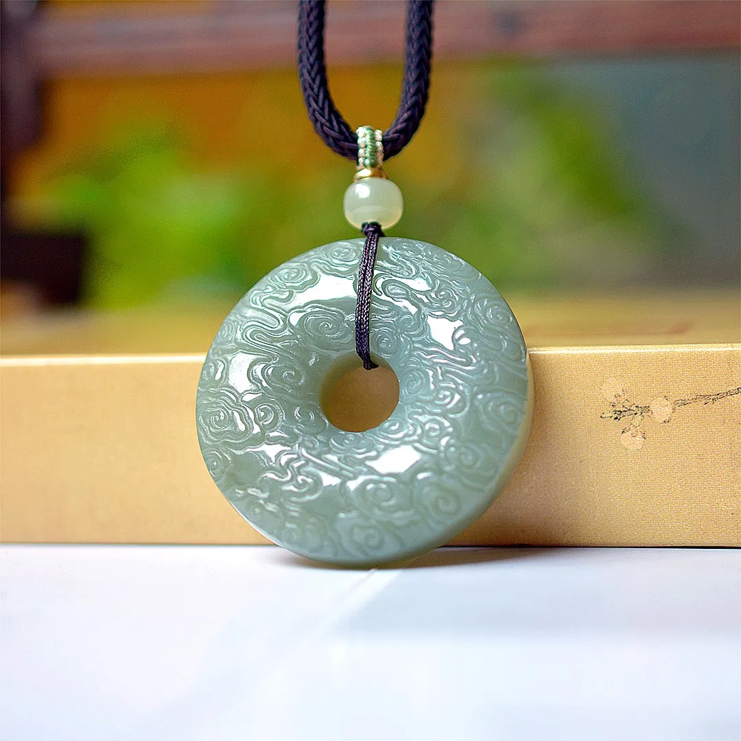 

upscale Boutique Hotan Jade Pattern Peace Buckle Male and Female Pendant Necklace Amulet Peace Charm jade pendant necklace