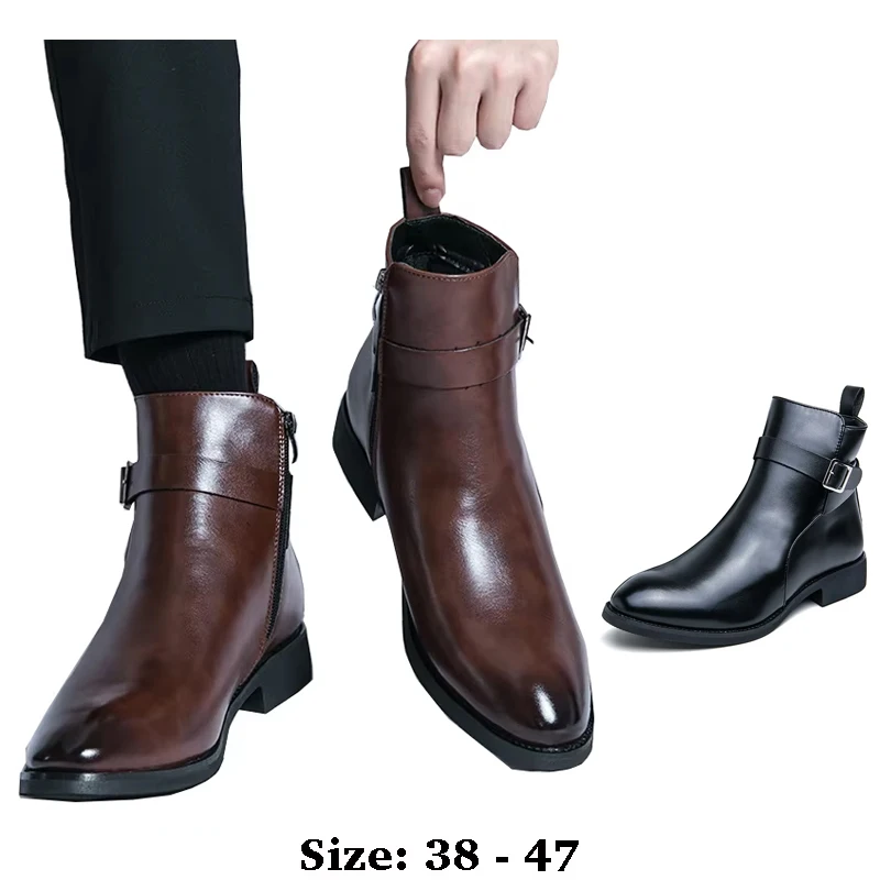 

мужские кожаные ботинки высокого качества длиной до щиколотки с острым носком удобные размеры 46 47 новинка 2024 года официальная модная обувь черного коричневого цвета