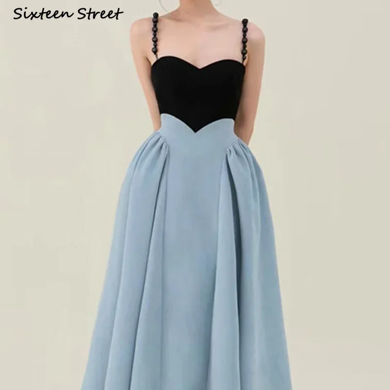 Vintage Strapped Women Dress Summer Blue Patchwork High Waisted Bodycon Dress Beading Ball Elegant Clothing Fall