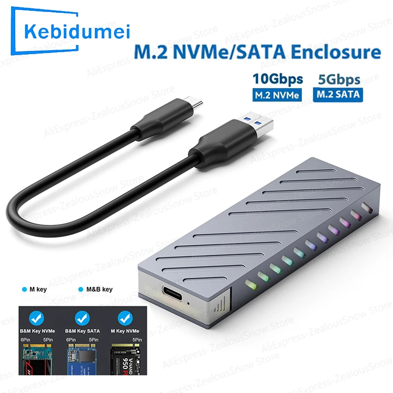 حافظة M.2 SSD بسرعة 10 جيجابت في الثانية M.2 SATA/NVMe محول SSD مزدوج البروتوكول SSD إلى USB 3.1 حاوية خارجية لصندوق NVME PCIE NGFF SATA RGB