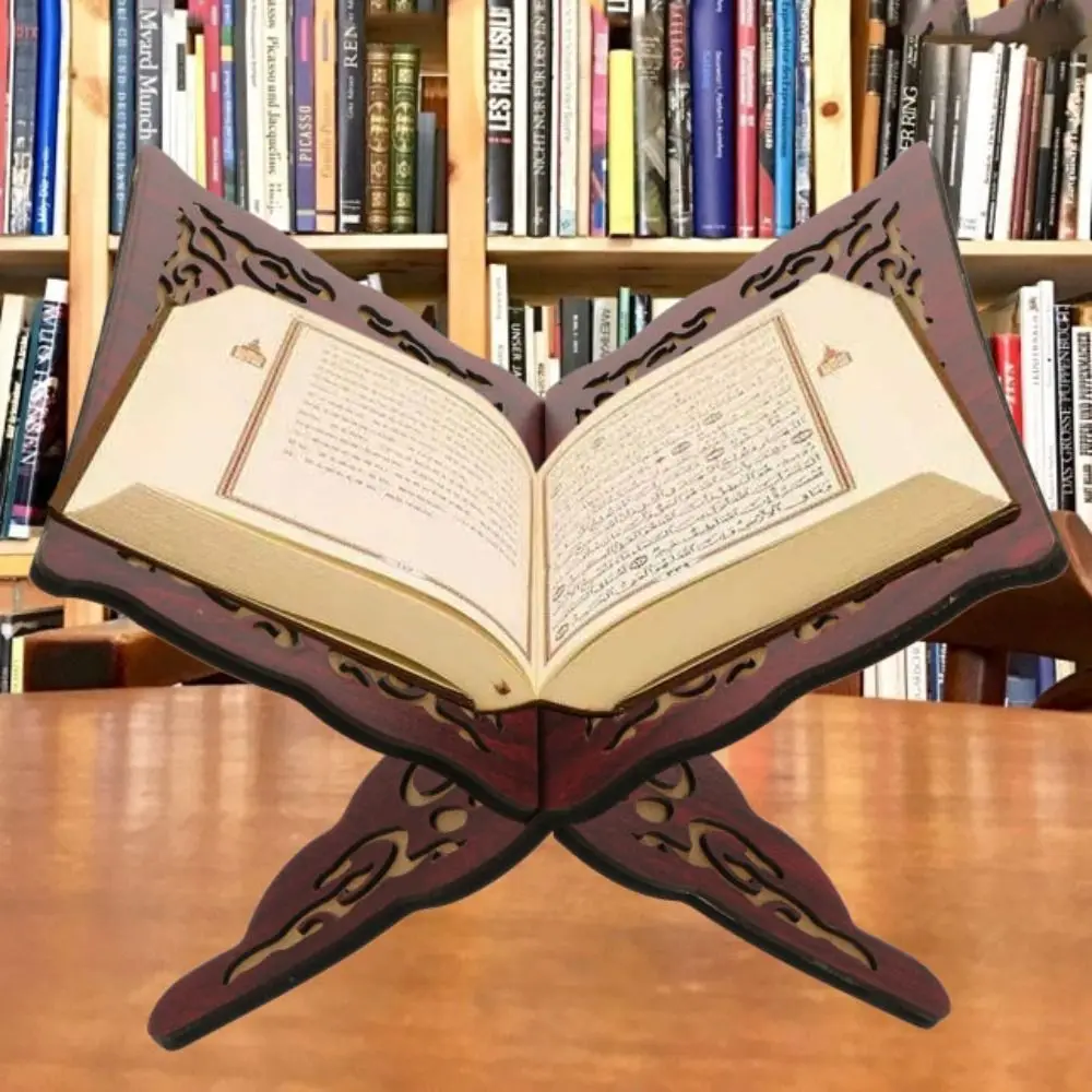 Practical Wooden Prayer Book Holder Carved Pattern DIY Quran Folding Stand Vintage Eid -Fitr Bookshelf Muslim