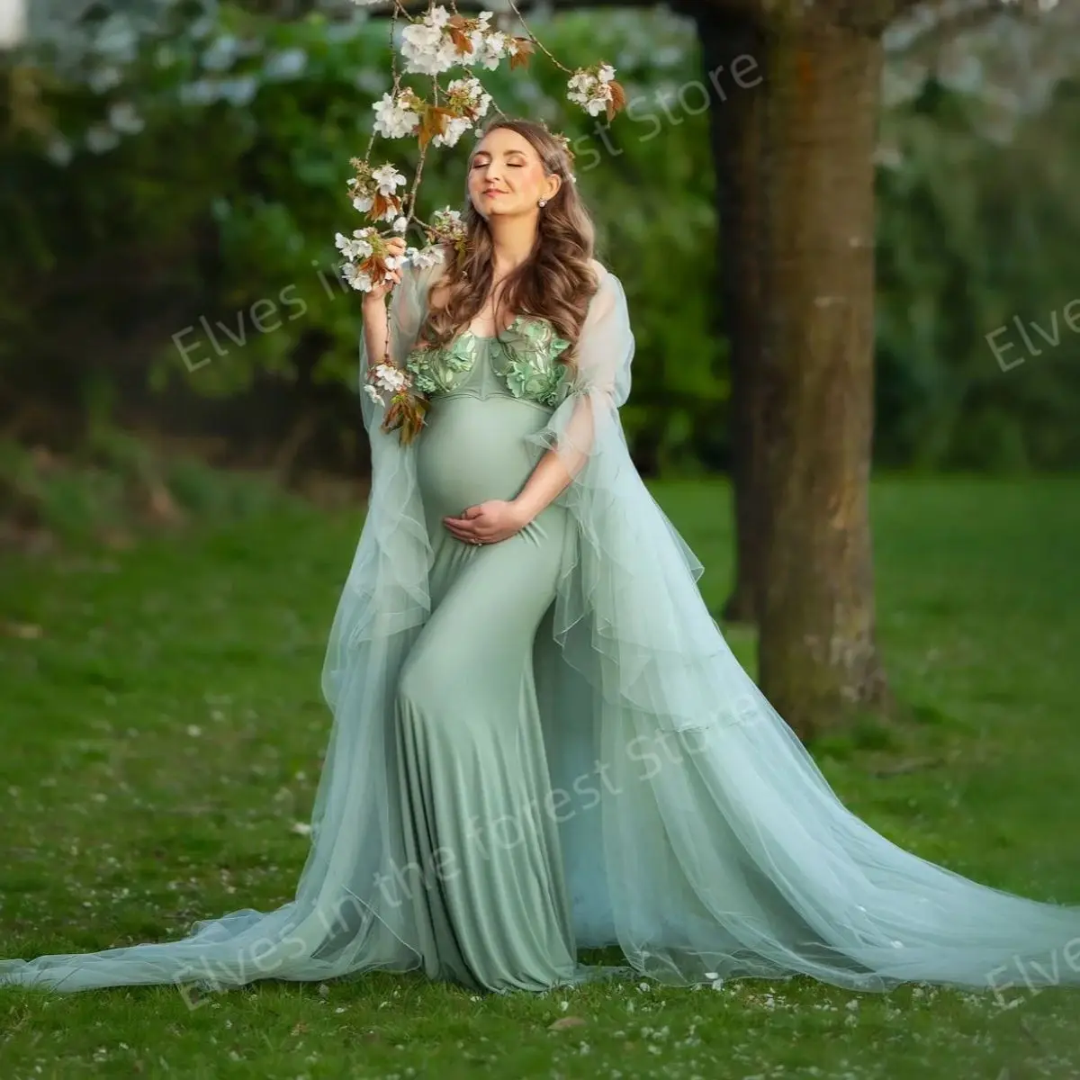 Batas de maternidad verdes de ilusión para sesión de fotos, apliques de encaje con forma de corazón, vestido de fiesta para embarazo, vestidos personalizados para Baby Shower