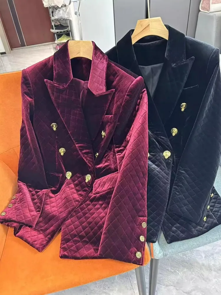 Elegant Office Ladies Autumn Winter Velvet Suit Jacket Lapel Double Breasted Warm Padded Liner Slim Fit Women Vintage Blazers